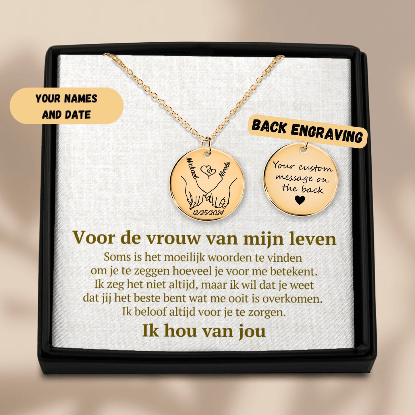 Vrouw van mijn Leven - Handen Vast - Gegraveerde Ketting