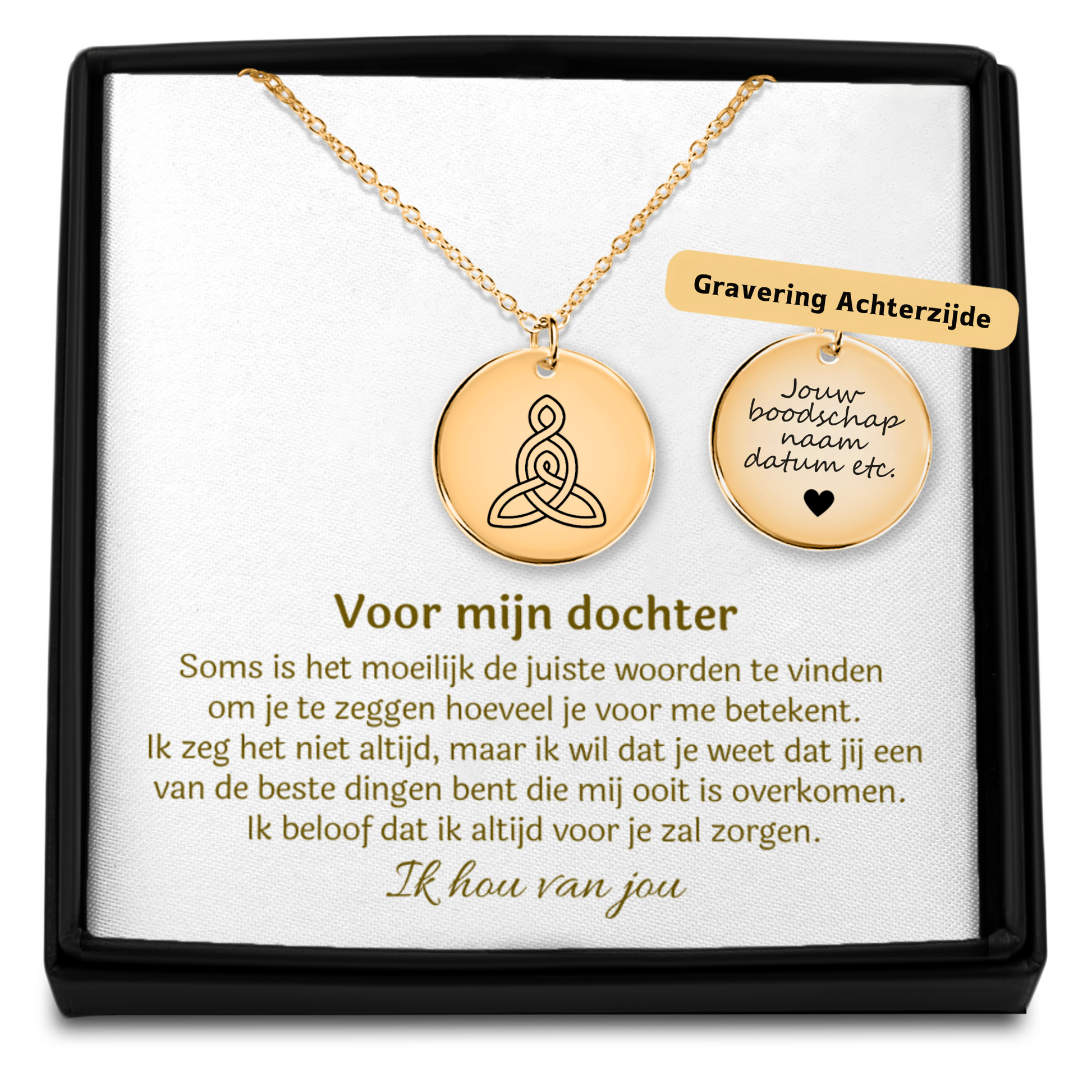 Ketting in geschenkdoosje met het symbool voor moeder en dochter. Het is mogelijk om de achterzijde te personaliseren met een gravure. Daarnaast zit er een sieradenkaartje in het doosje met een een mooi verwoorde sentimentele tekst.