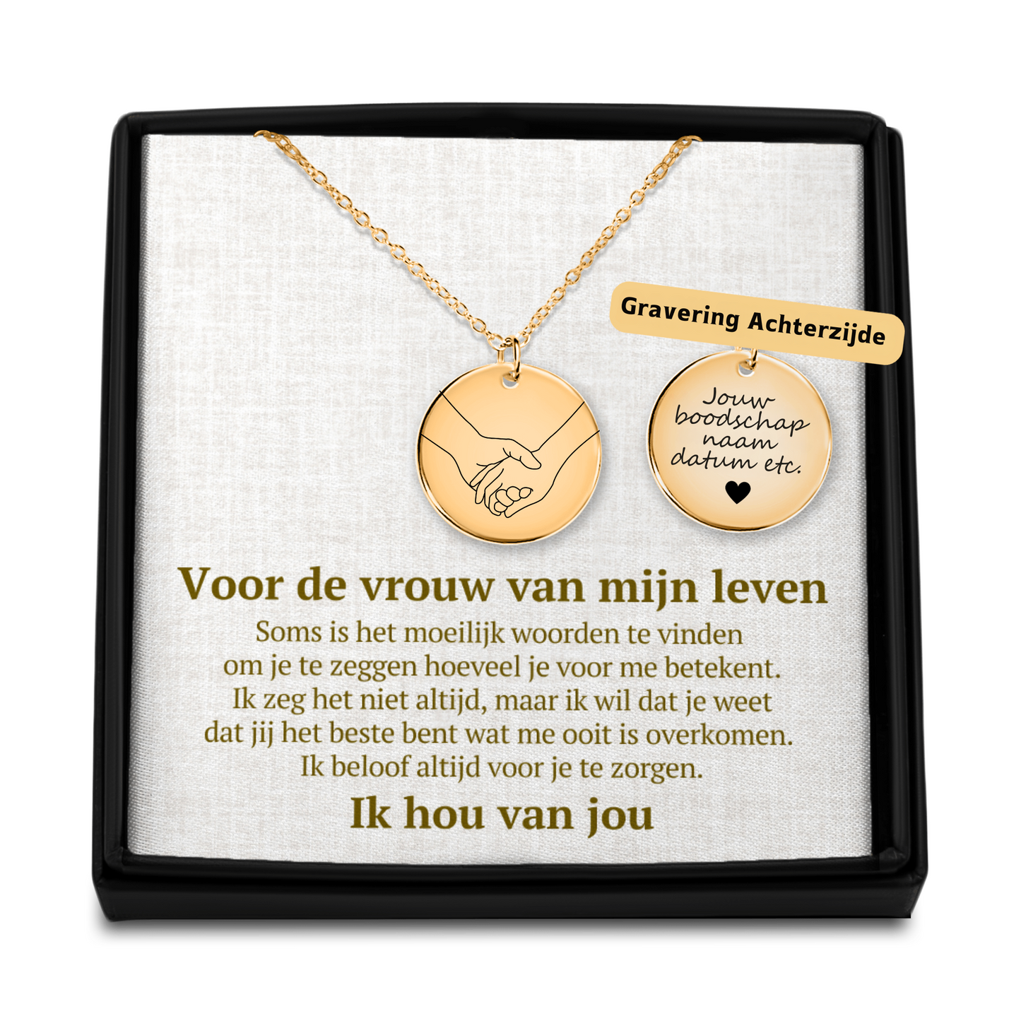 Vrouw van mijn Leven - Handen - Gegraveerde Ronde Hanger Ketting