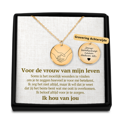 Vrouw van mijn Leven - Handen - Gegraveerde Ronde Hanger Ketting