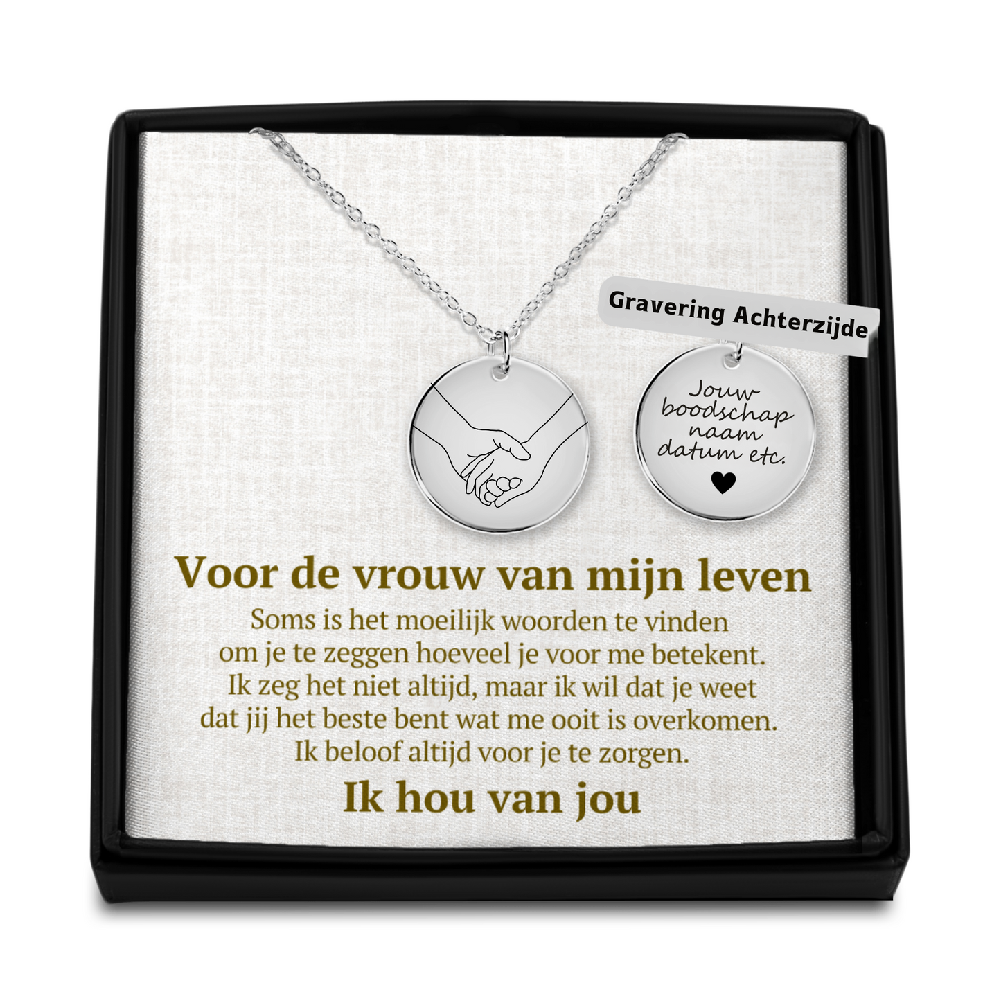 Vrouw van mijn Leven - Handen - Gegraveerde Ronde Hanger Ketting