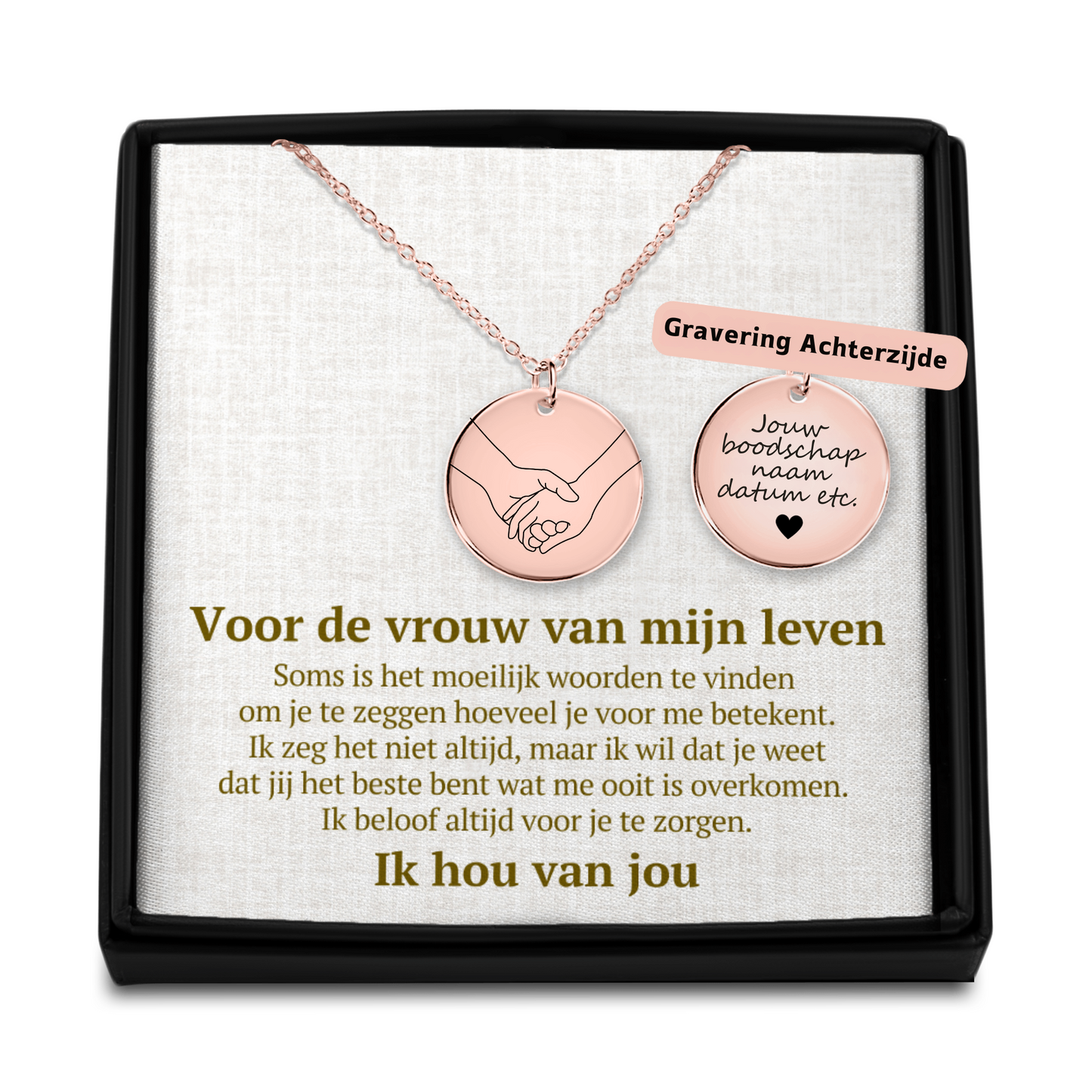Vrouw van mijn Leven - Handen - Gegraveerde Ronde Hanger Ketting