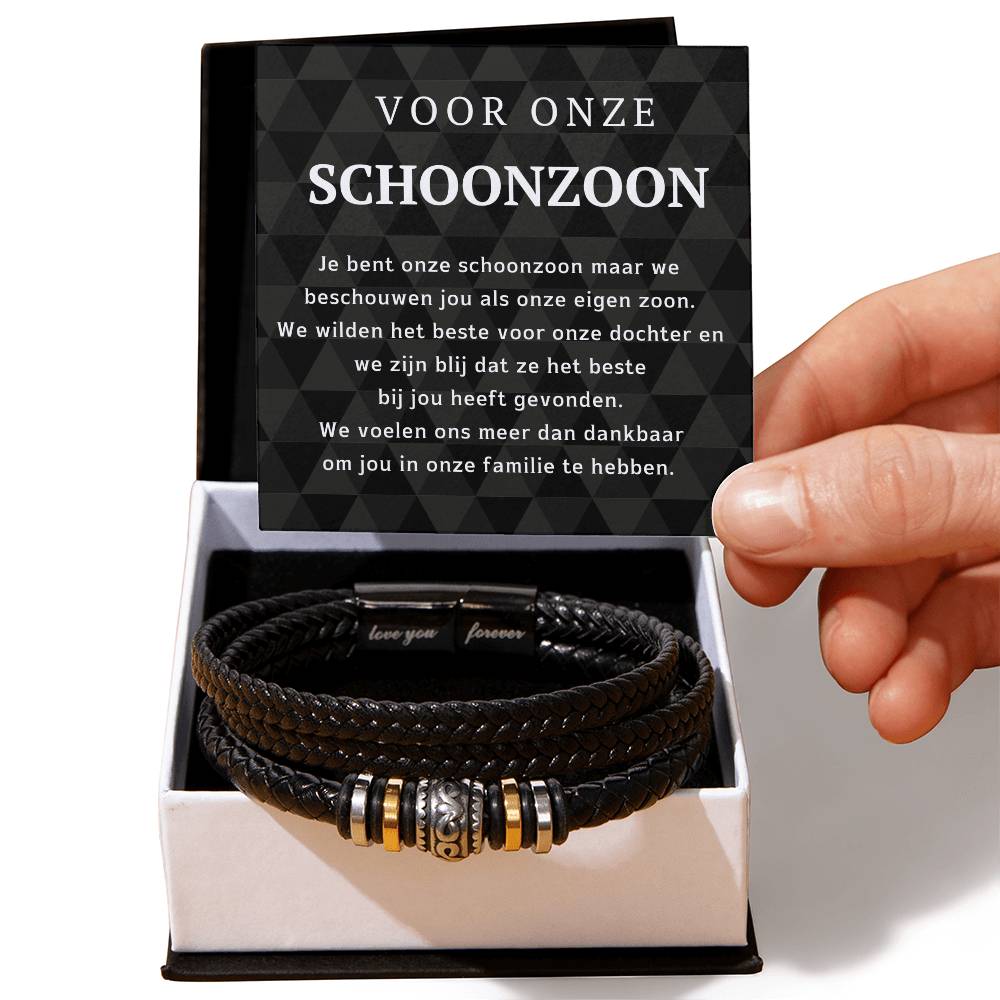 Heren armband als cadeau voor schoonzoon met een mooi verwoorde tekst in het sieradendoosje