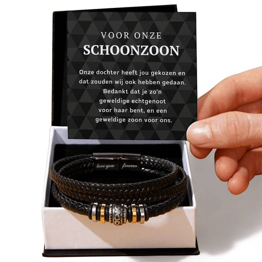 Cadeau voor schoonzoon, een armband in een geschenkdoosje met een mooi verwoorde tekst 