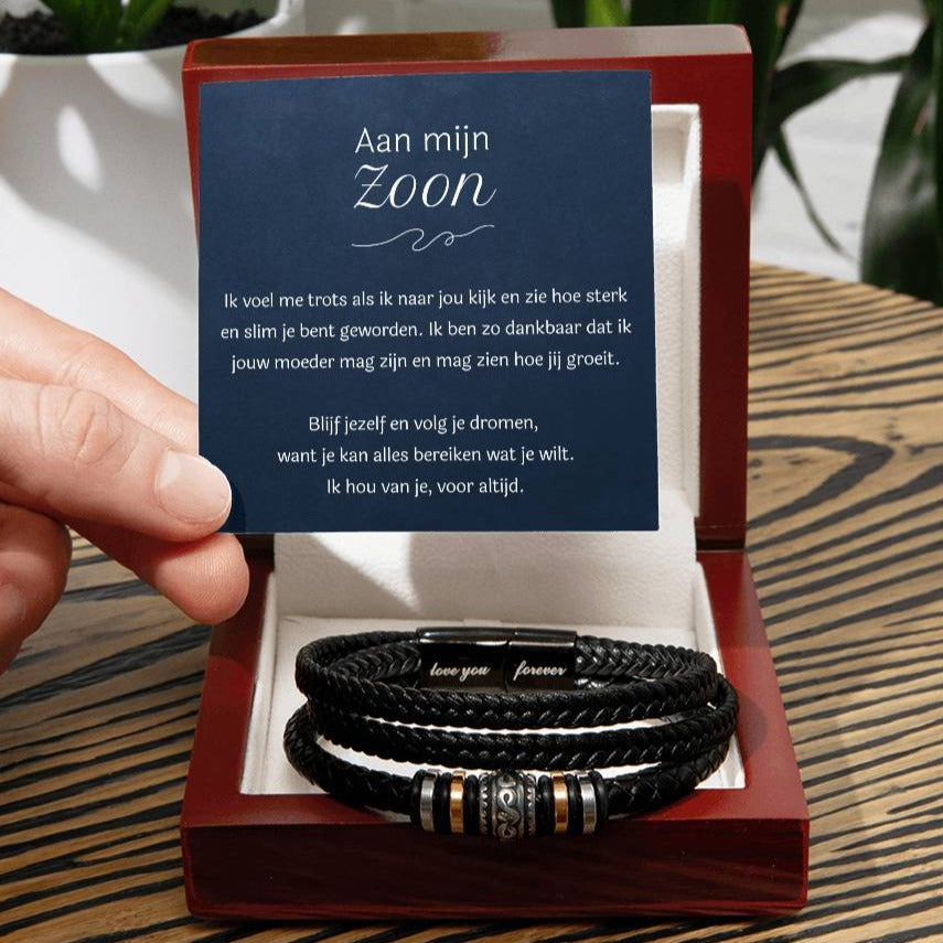 Cadeau voor zoon, een armband met een mooie tekst in een luxe geschenkdoosje