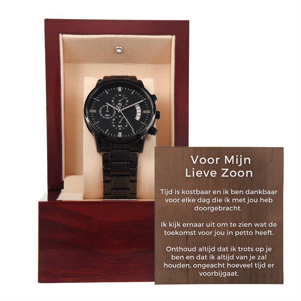 een mooi zwart horloge als cadeau voor zoon van een vader of moeder met een mooie liefdevolle boodschap